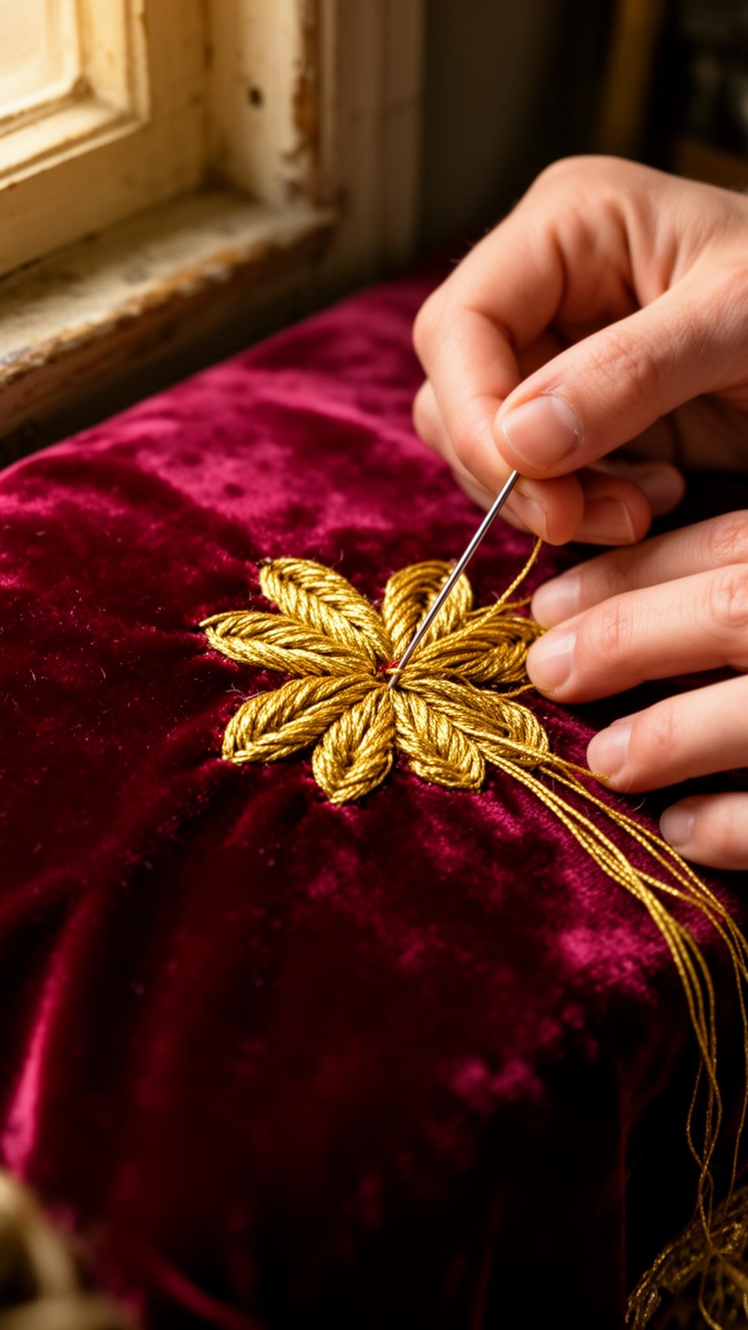 Borduurster aan het werk op studieborduring met goud- en zijdedraad in atelier